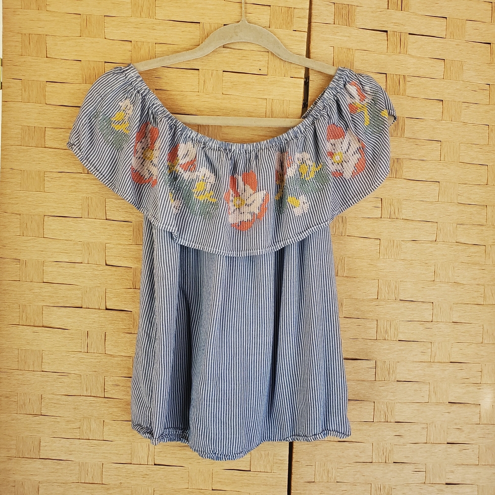 Blue Rain Embroidered Blouse Size Small On or Off Shoulder Stripes